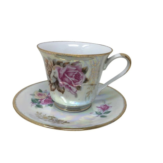 Roses Pattern Vintage Iridescent Fine China Teacup and Saucer Set - Pattern #10178 A+ Stuff A+ Stuff