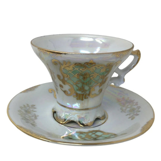 Family Crest Looking Pattern on this Iridescent Cup and Saucer Set - Gol Art / Filigree Accents - Great Find! A+ Stuff A+ Stuff