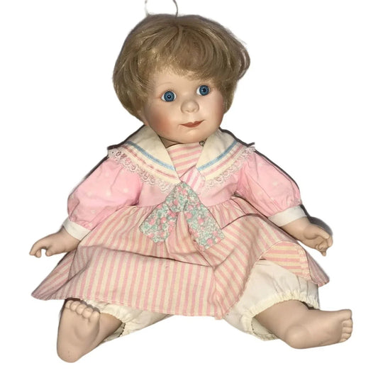 Jennifer Schmidt MEG 'Precious Pairs' Porcelain doll 1991 - Pink Stripe Dress Big Blue Eyes Danbury Mint - Jennifer Schmidt A+ Stuff