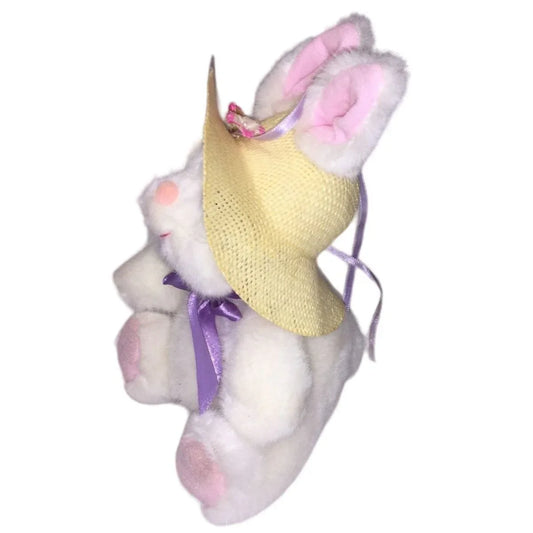 LILY - Plush White Rabbit with Straw Hat, Purple Bow and Pink Above Eyes - Easter Bunny Russy A+ Stuff