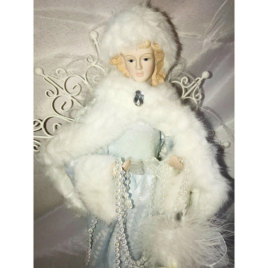 Porcelain Christmas Angel on Base White Fur & Blue Gem Beads Gown Unbranded A+ Stuff Dolls