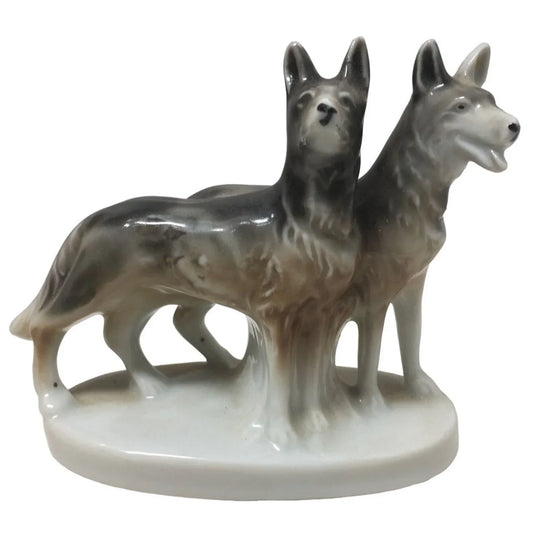 Vintage Porcelain Dog Figurine Made in Japan - 2 Grayish Brown Dogs on White Base A+ Stuff A+ Stuff