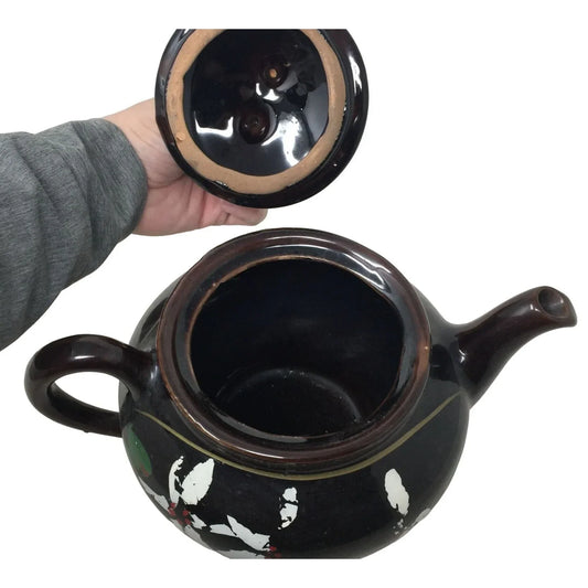 Lidded Black Teapot with White and Red Abstract Flowers A+ Stuff A+ Stuff