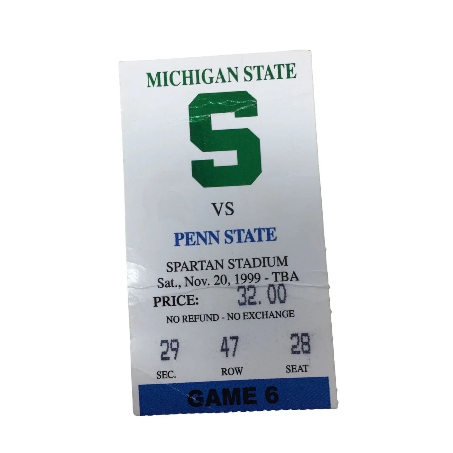 Michigan State vs Penn State Spartan Stadium Sat. Nov 20, 1999 $32 Ticket stubb Game 6 Michican State A+ Stuff