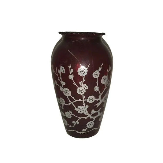 Vintage Deep Red Vase with Scalloped edge on rim and White Birds by nest in Cherry Blossom Tree Art - Approx. 9" tall - good condition ( see A+ Stuff A+ Stuff Vases