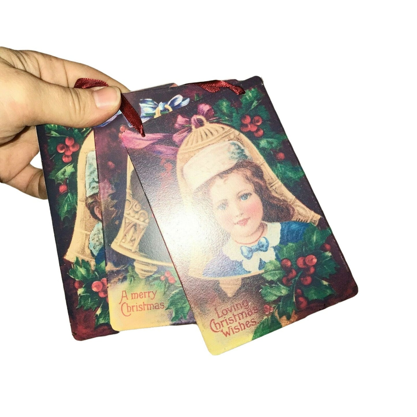 (3)WARM HOLIDAY WISHES Vtg Art Tin PLAQUE CHRISTMAS Tree Ornaments