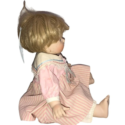 Jennifer Schmidt MEG 'Precious Pairs' Porcelain doll 1991 - Pink Stripe Dress Big Blue Eyes Danbury Mint - Jennifer Schmidt A+ Stuff