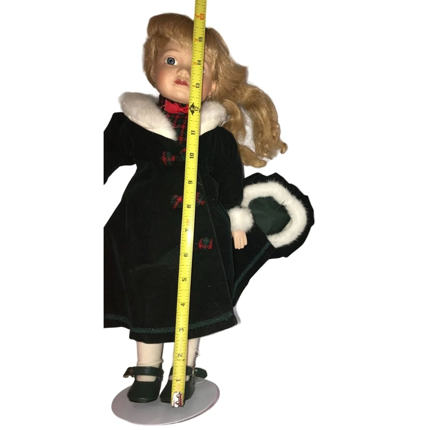 Holidays Porcelain Doll - Blonde Girl in long green jacket with red accents and white fur collar - Winter themed collectible doll A+ Stuff A+ Stuff