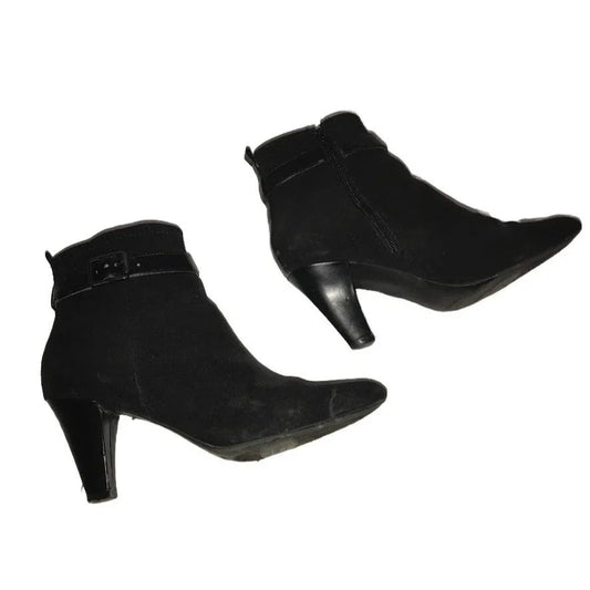 Black Heeled Booties - Womens Boots belt around each with small buckle- size 8.5 - some wear and dust - overall good condition ( see photos) A+ Stuff A+ Stuff Shoes