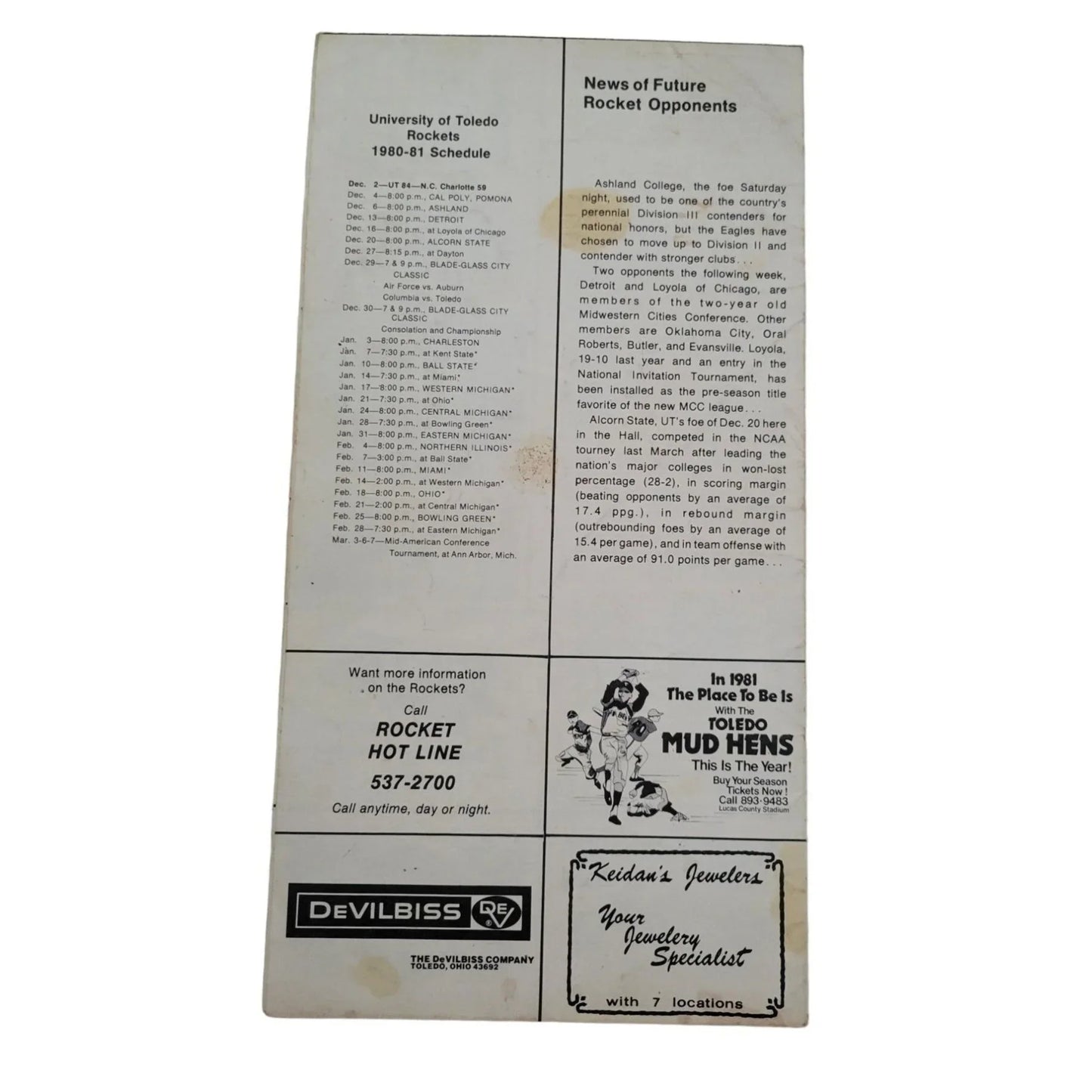 University of Toledo Rockets Basketball Program cards (Numbered like tickets?) 1979-1980 Games see description for more details University of Toledo A+ Stuff