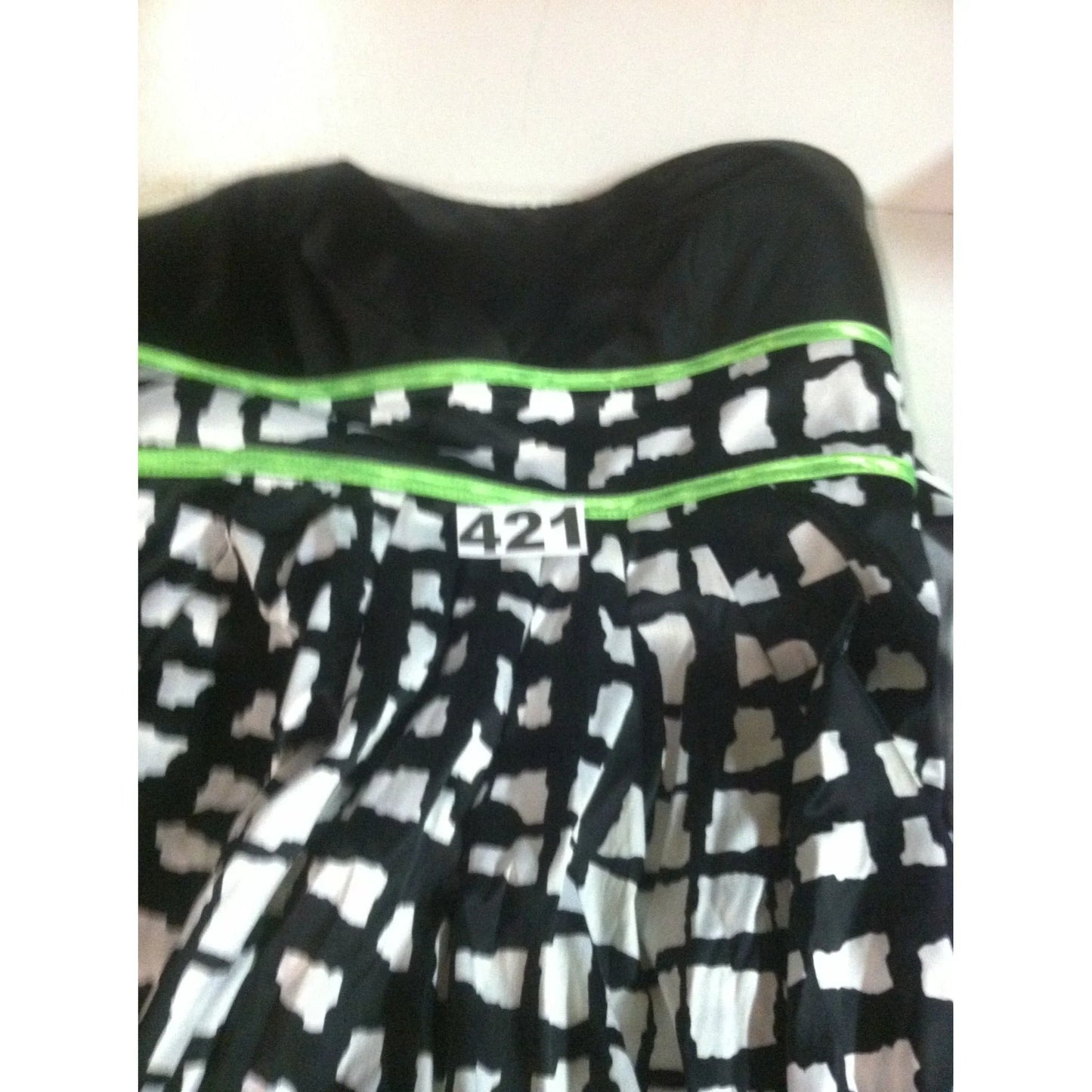 Vintage Strapless Dress with blocky black and white print and green piping - modern fun dress A+ Stuff A+ Stuff