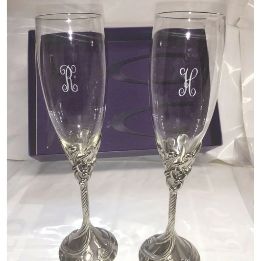 Pair WEDDING Toasting Flutes w Hearts Silver Base Etched 'R' & 'H' Unbranded