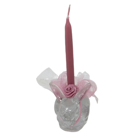 Small Clear Glass Rabbit Candlestick Holder - 4" Pink Candle (thin) Bow on Bunny - Cute A+ Stuff A+ Stuff
