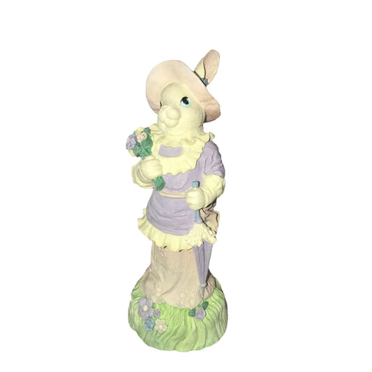 Windsor Collection Collectible EASTER BUNNY Figure. White Rabbit in pink and purple Dress w Umbrella, Hat and Flowers Windsor Collection A+ Stuff Figurines