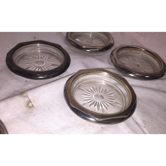 SIlverplate Coaster Set (4) Silverplate ring around outside Cut Glass Center with pretty Pattern - Unbranded