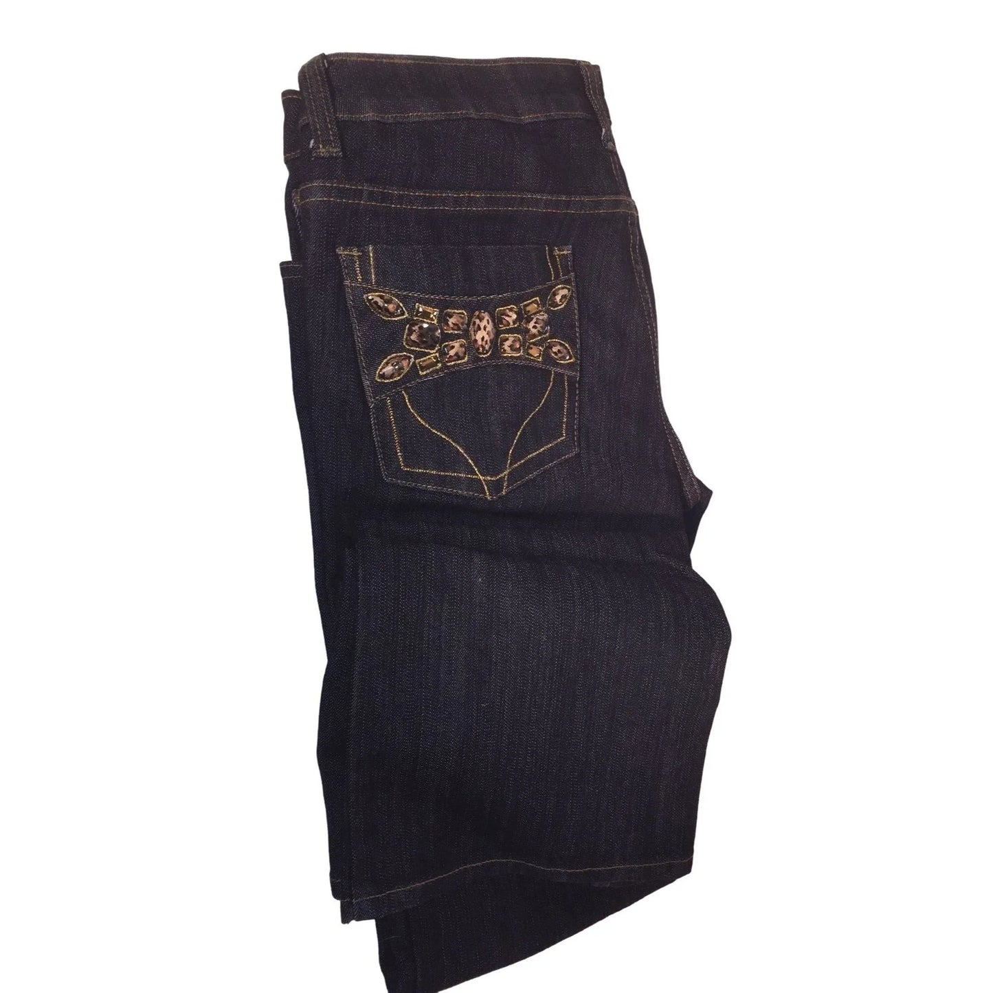 Boom Boom Jeans Womens size 11 Dark denim with Leopard print beads and gold accents - Vintage Blue Jeans Boom Boom Jeans A+ Stuff