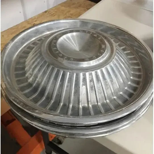 Mid Century "Pontiac Motor Division" Hubcaps / Wheelcovers - some wear / markings from age. Vintage Car Replacement Part PONTIAC