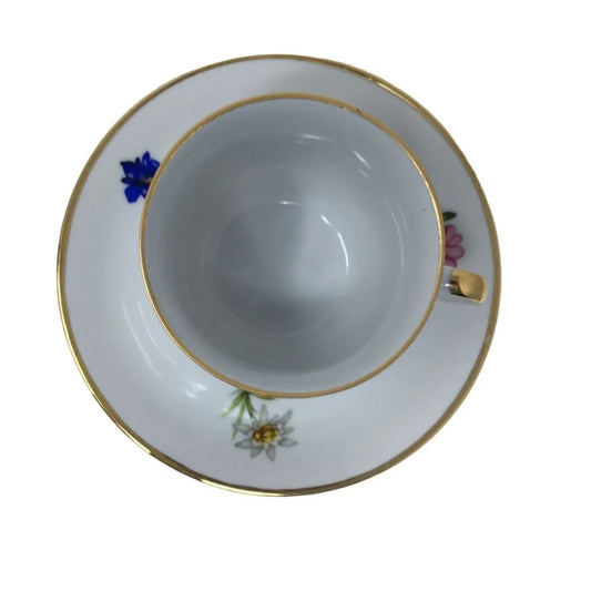 Stamped Fine China TEacup and Saucer Set - White, Pink and Purple Flowers w Gold Rim A+ Stuff A+ Stuff