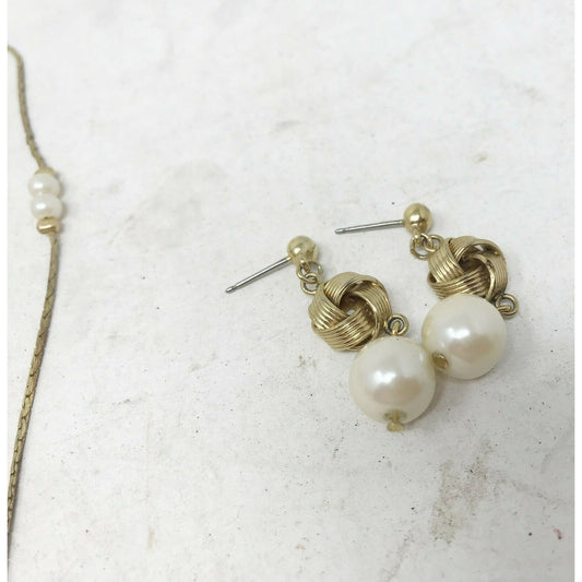 Faux Pearl EARRING and NECKLACE SET Gold Tone 2 Pairs of earrings