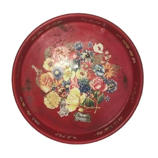 Red MASONWARE Round Tray with Floral Bouquet Art in center - Some spots of wear / rust (see photos) - Great Retro Find masonware A+ Stuff Decorative Trays