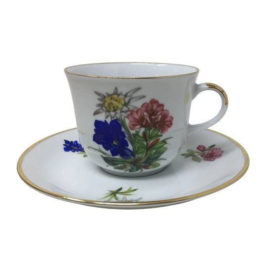 Stamped Fine China TEacup and Saucer Set - White, Pink and Purple Flowers w Gold Rim A+ Stuff A+ Stuff