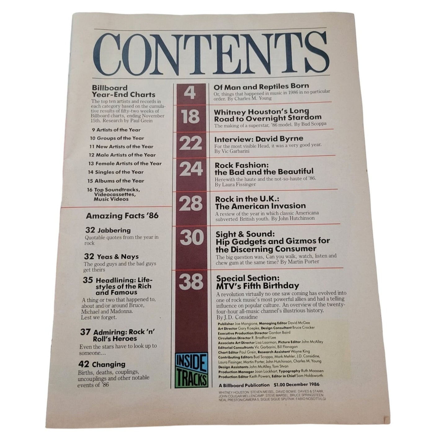 Inside Tracks - The Year in Rock '86 Whitney Houston Artist of the Year December 1986 Billboard Music