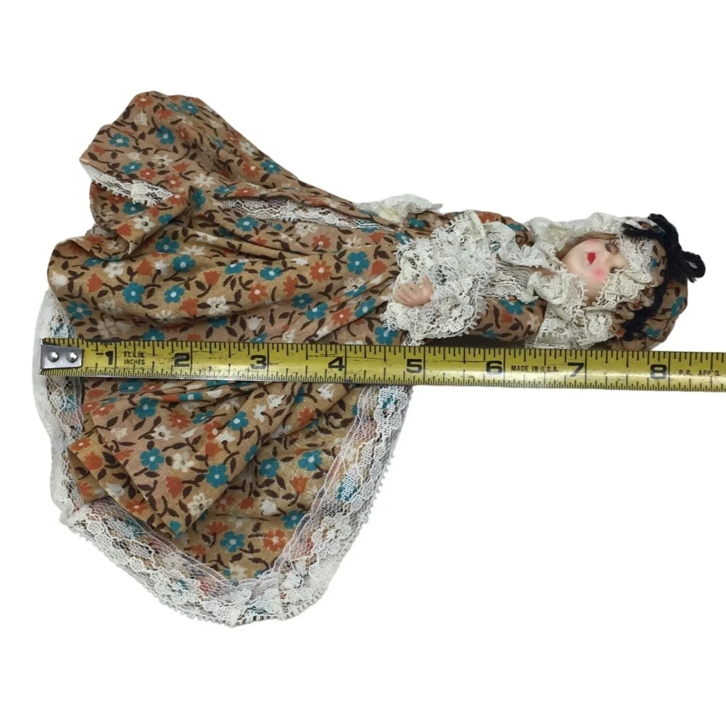 Vintage Black hair lace edged doll in brown floral print dress - eyes open and close A+ Stuff A+ Stuff