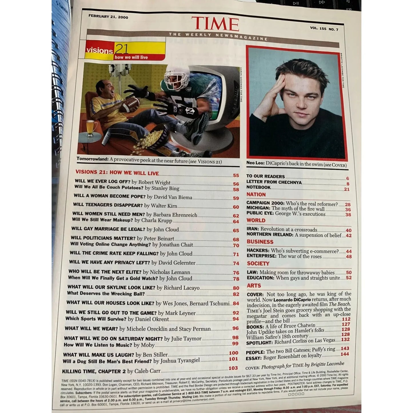 Time magazine contents page featuring a Leonardo DiCaprio portrait and futuristic illustration, February 2000 edition.
