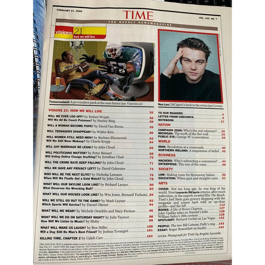 Time magazine contents page featuring a Leonardo DiCaprio portrait and futuristic illustration, February 2000 edition.
