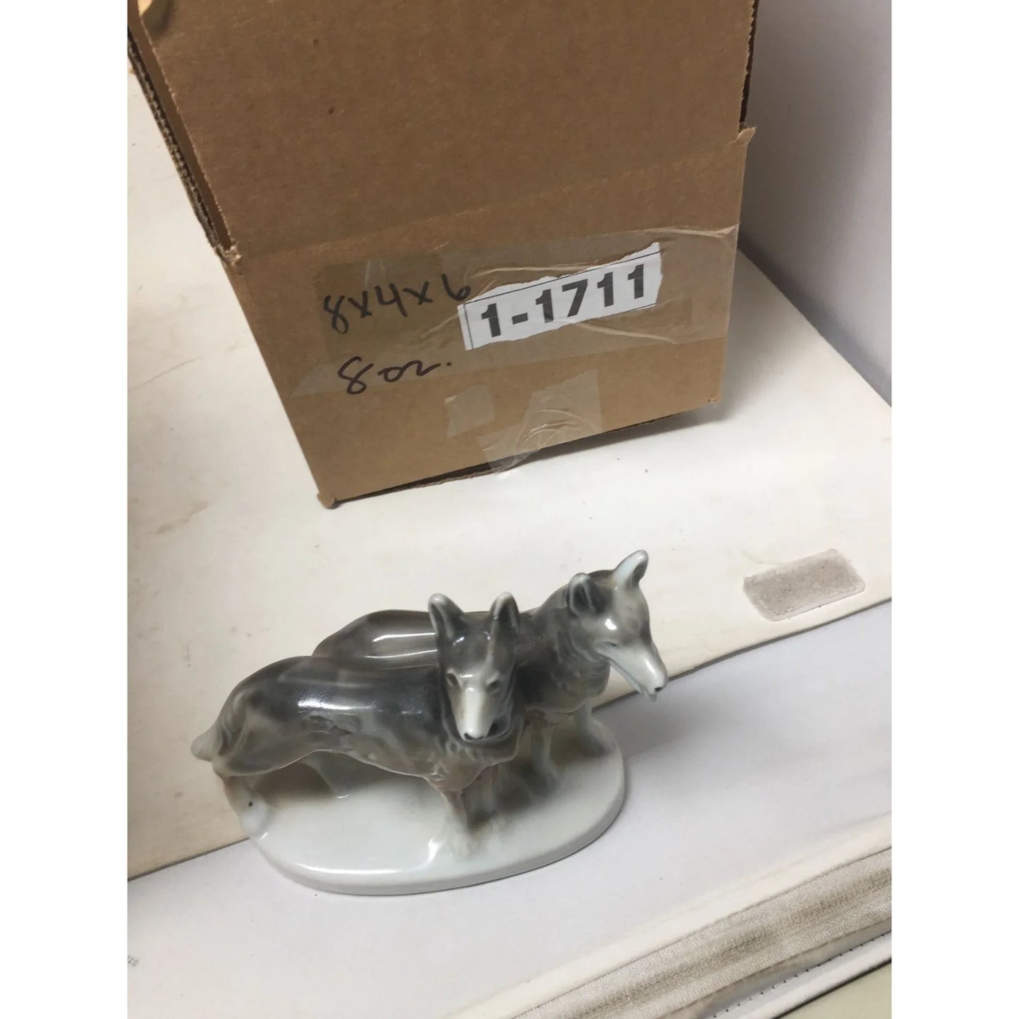 Vintage Porcelain Dog Figurine Made in Japan - 2 Grayish Brown Dogs on White Base A+ Stuff A+ Stuff