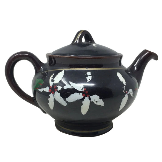 Lidded Black Teapot with White and Red Abstract Flowers A+ Stuff A+ Stuff
