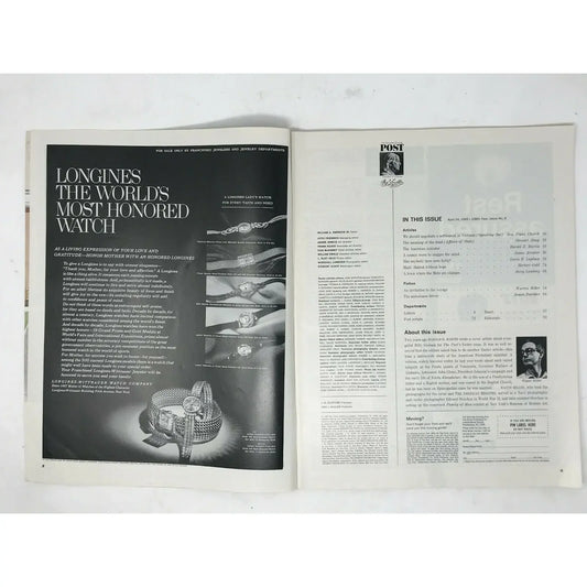 Vintage magazine open to Longines watch advertisement and editorial page