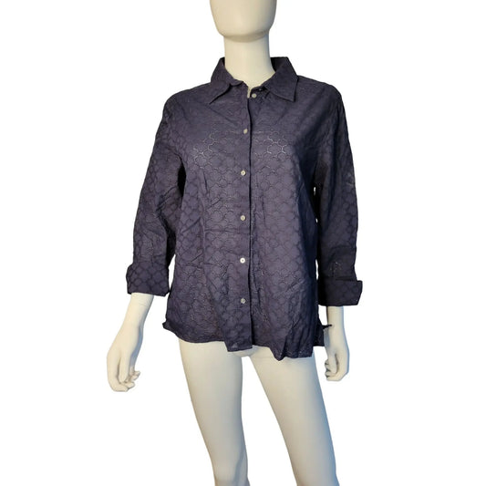 Talbots Womens Button Down with keyhole flower pattern - Dark Blue Size m Talbots