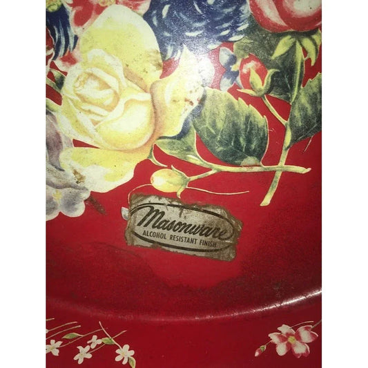 Red MASONWARE Round Tray with Floral Bouquet Art in center - Some spots of wear / rust (see photos) - Great Retro Find masonware A+ Stuff Decorative Trays