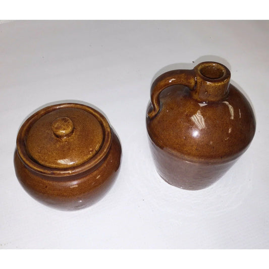 Vtg STONEWARE Set JUG and LIDDED CROCK Brown w Gloss Glaze Jar Unbranded A+ Stuff Glass