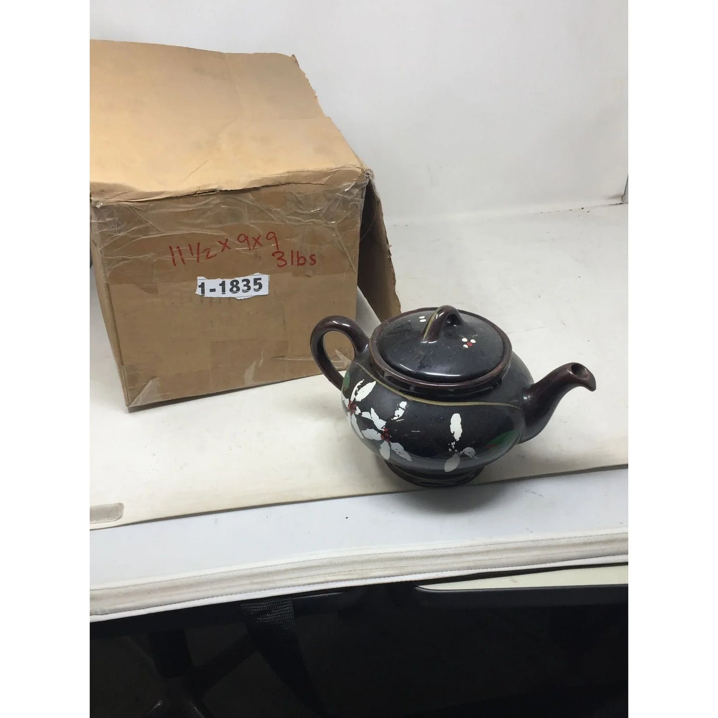 Lidded Black Teapot with White and Red Abstract Flowers A+ Stuff A+ Stuff