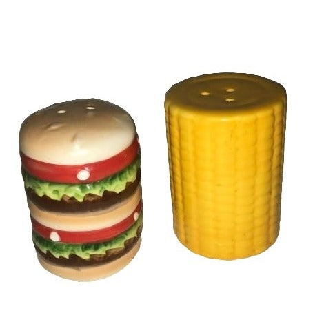 Novelty hamburger and ear of corn - salt and pepper shaker Set - fun style and decor - Dining , kitchen, fun table decor - Cookout, picnic,
