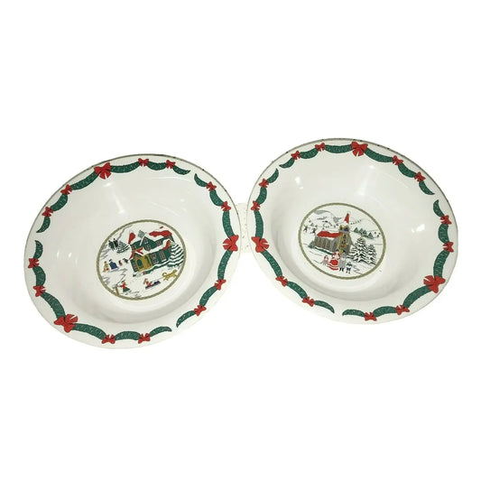 (2) HOLIDAY Christmas scene Serving BOWLS Genuine Stoneware Church A+ Stuff