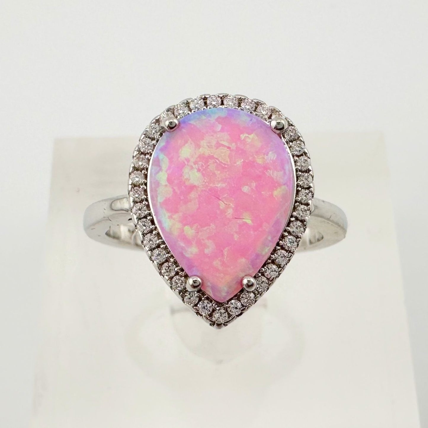 Vibrant Pink Opal Teardrop Ring - Size 7