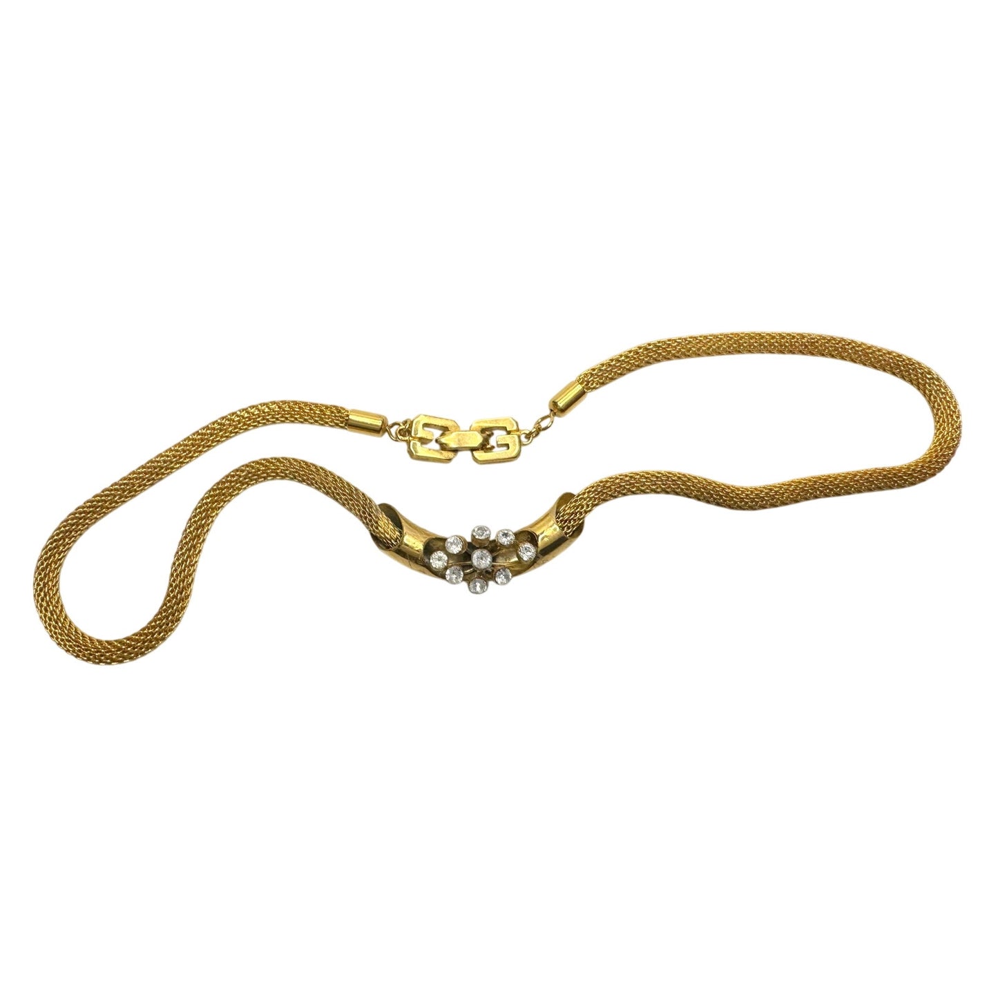 Vintage Givenchy Mesh / Herringbone / Snake Necklace w Floating Rhinestones