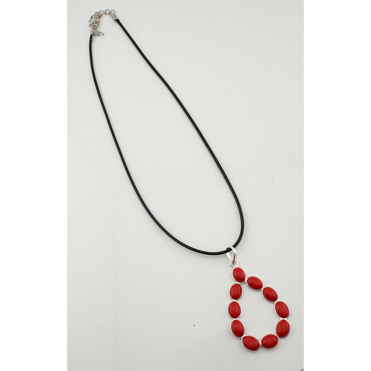 Flirty and Fun Red Coral Teardrop Necklace with Black Leather Cable Chain