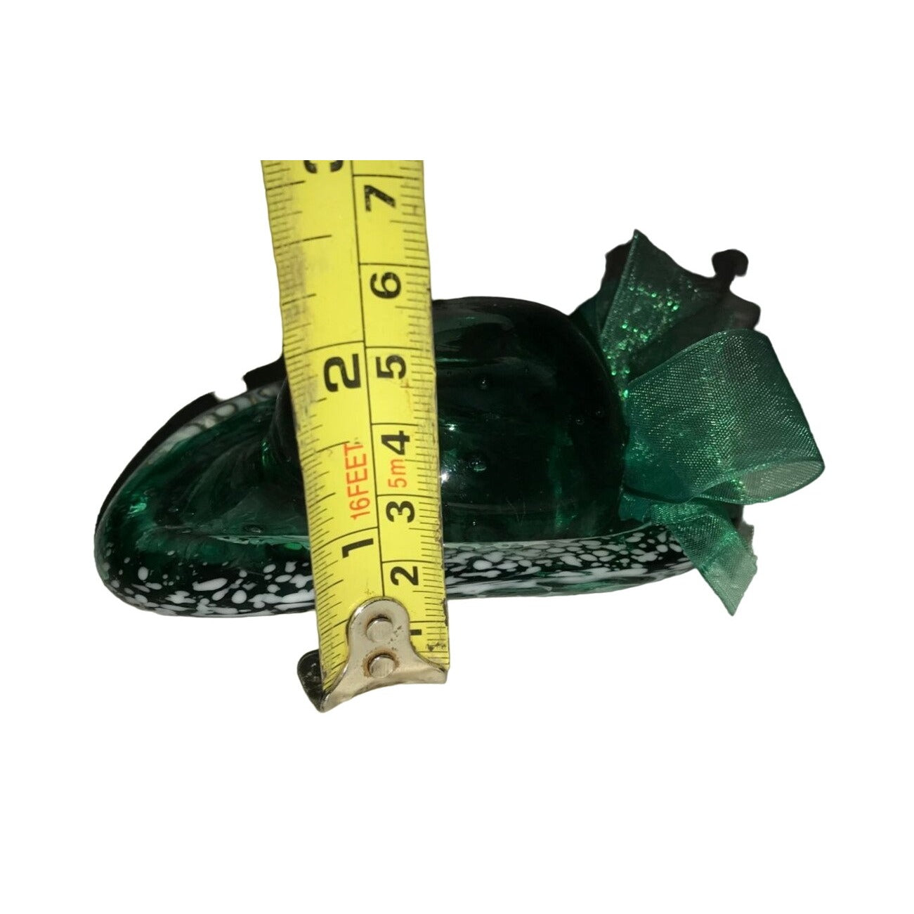 Small Miniature Green Glass Hat Figurine with Ribbon