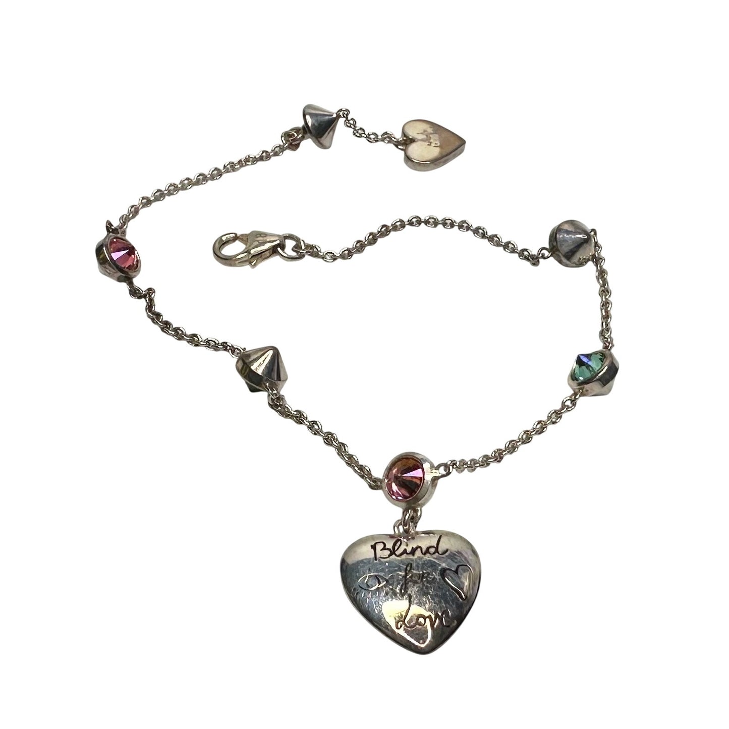 Gucci 'Blind for Love' Engraved Heart Bracelet w Rose Pink & Green Stones