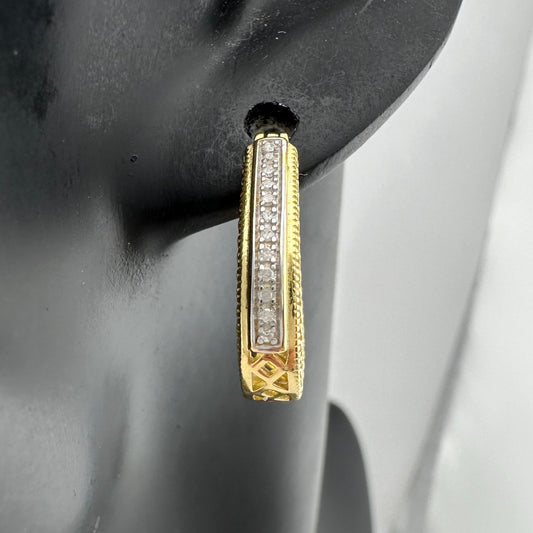 Beautiful Diamond Hoop Earrings - Sterling SIlver w Gold Overlay & Lattice Back