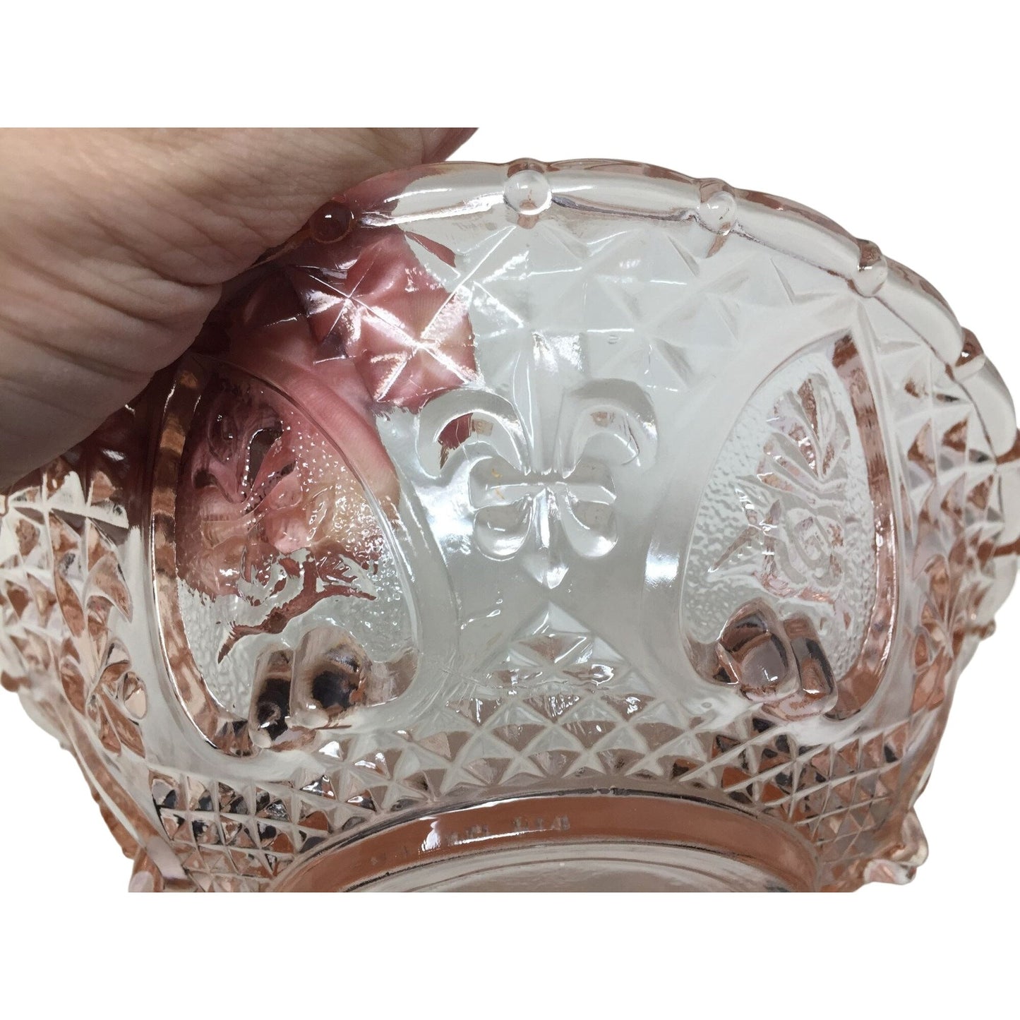 Vintage Pink Pressed Glass Lidded Candy Dish "Hearts and Roses" KIG Indonesia