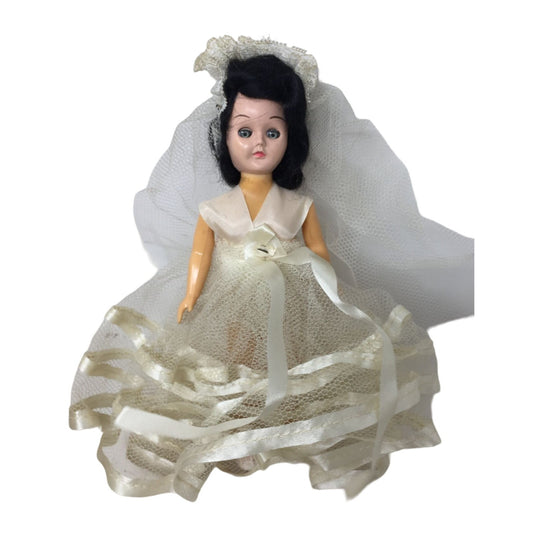 Vintage Collectible Bride Doll Black Hair/Light Eyes, Wearing White Veil and Wedding Dress