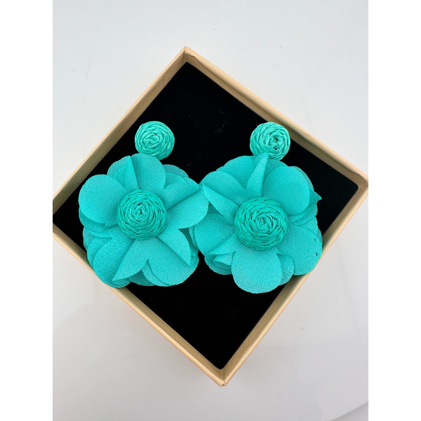 Teal Cloth Flower Earrings - CUTE!