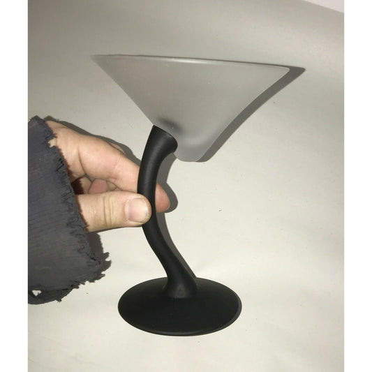 Pair of Frosted Glass MARTINI GLASSES w BLACK Swerve Stem Modern