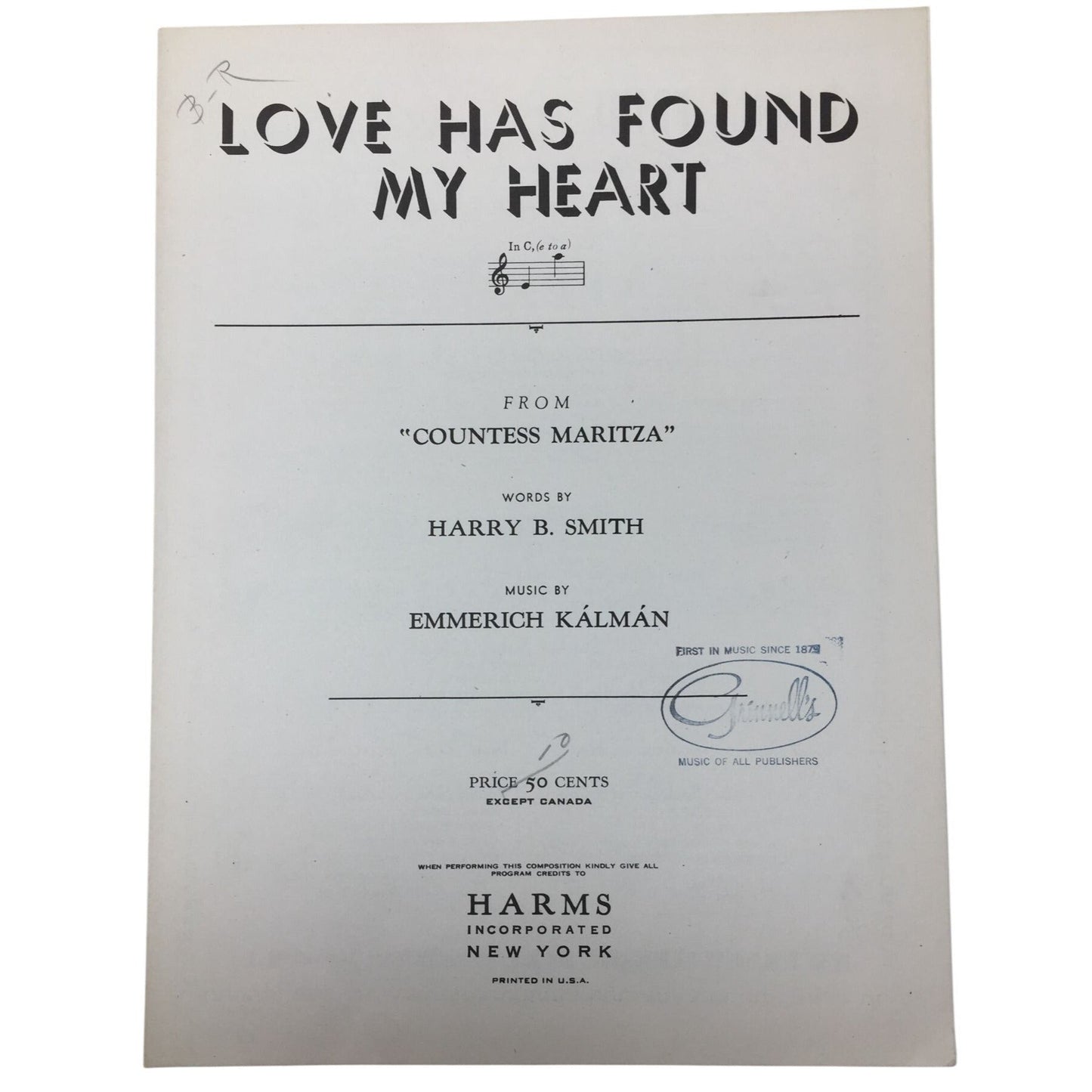 Vintage Sheet Music for the song "Love Has Found My Heart" Countess Maritza  A+ Stuff Sheet Music