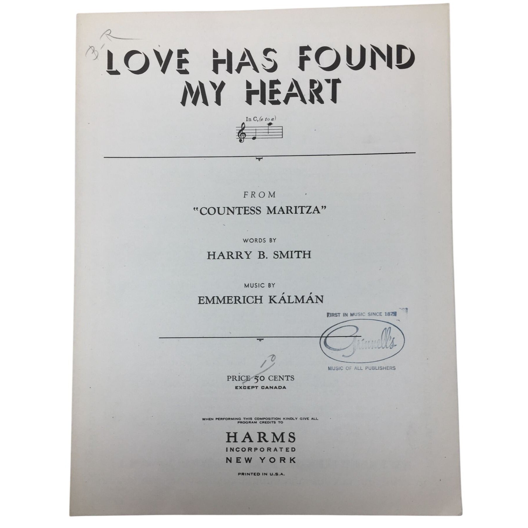 Vintage Sheet Music for the song "Love Has Found My Heart" Countess Maritza  A+ Stuff Sheet Music